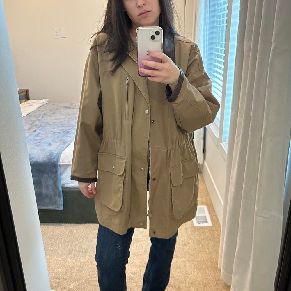 VTG Tan & brown 90s lightweight 100% cotton canvas jacket 100% leather collar